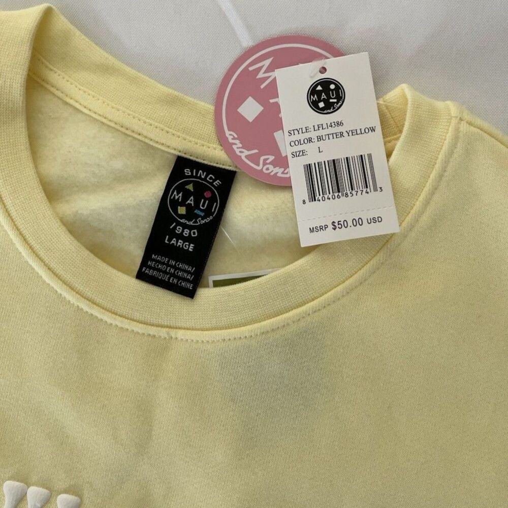 Maui and Sons Women’s Sweatshirt Large Butter Yellow White Print Pullover NWT